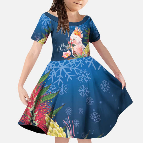 Australia Christmas Pink Cockatoo with Banksia Kid Short Sleeve Dress Snowy Blue - Aussie Hoodie