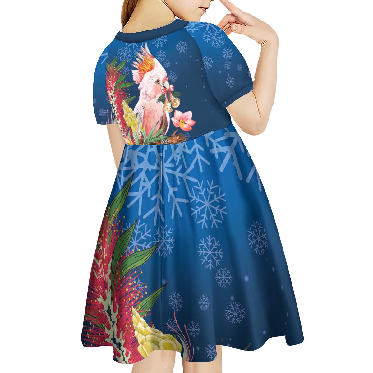 Australia Christmas Pink Cockatoo with Banksia Kid Short Sleeve Dress Snowy Blue - Aussie Hoodie