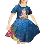 Australia Christmas Pink Cockatoo with Banksia Kid Short Sleeve Dress Snowy Blue - Aussie Hoodie