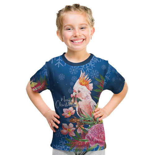Australia Christmas Pink Cockatoo with Banksia Kid T Shirt Snowy Blue - Aussie Hoodie