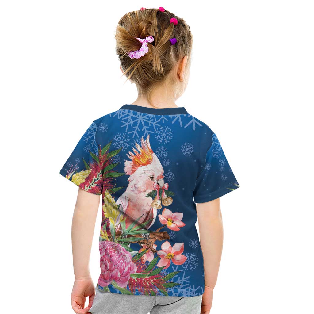 Australia Christmas Pink Cockatoo with Banksia Kid T Shirt Snowy Blue - Aussie Hoodie