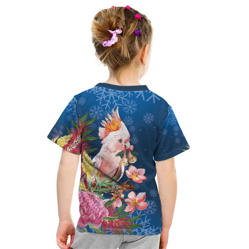 Australia Christmas Pink Cockatoo with Banksia Kid T Shirt Snowy Blue - Aussie Hoodie