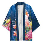 Australia Christmas Pink Cockatoo with Banksia Kimono Snowy Blue - Aussie Hoodie