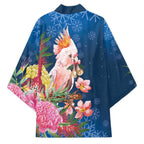 Australia Christmas Pink Cockatoo with Banksia Kimono Snowy Blue - Aussie Hoodie