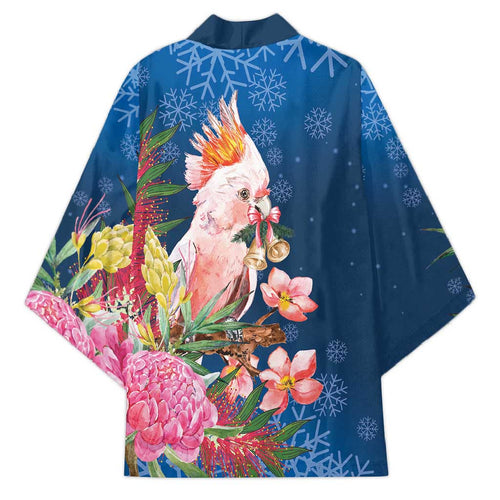 Australia Christmas Pink Cockatoo with Banksia Kimono Snowy Blue - Aussie Hoodie