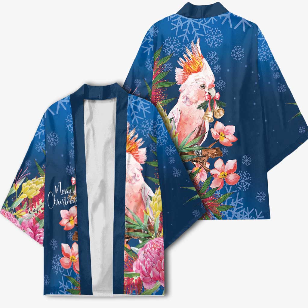 Australia Christmas Pink Cockatoo with Banksia Kimono Snowy Blue - Aussie Hoodie