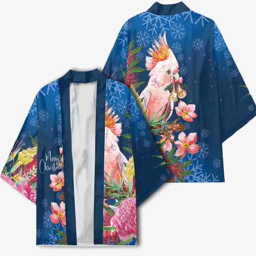 Australia Christmas Pink Cockatoo with Banksia Kimono Snowy Blue - Aussie Hoodie