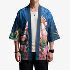 Australia Christmas Pink Cockatoo with Banksia Kimono Snowy Blue - Aussie Hoodie