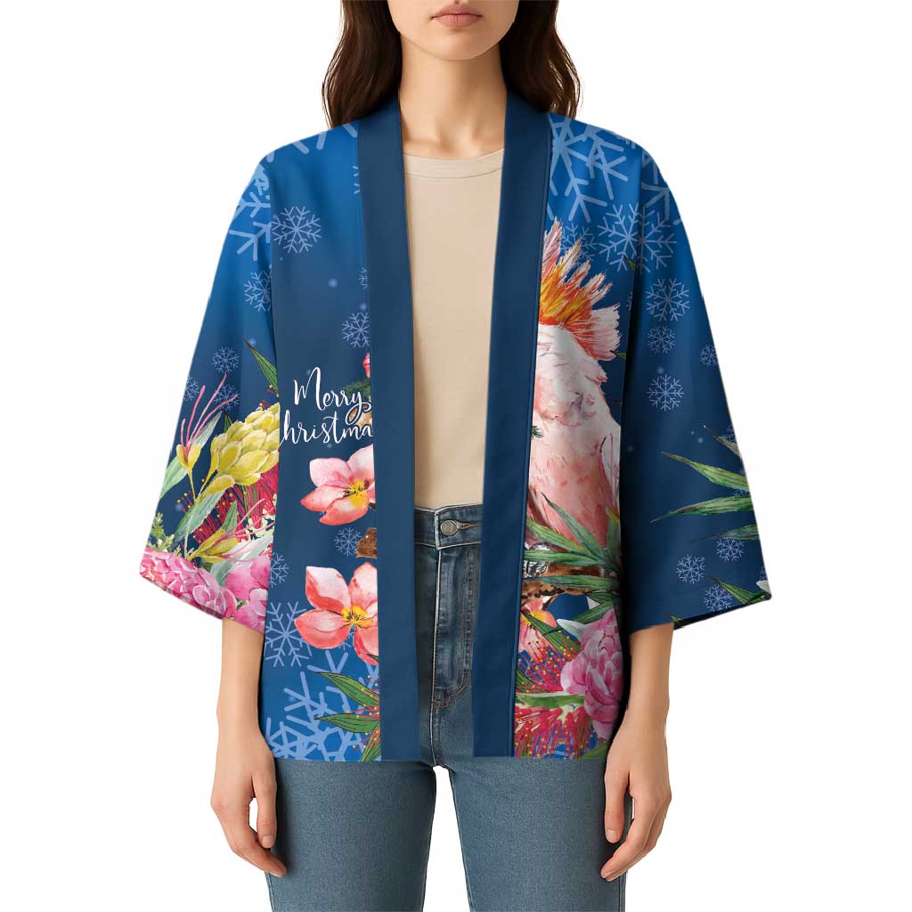 Australia Christmas Pink Cockatoo with Banksia Kimono Snowy Blue - Aussie Hoodie