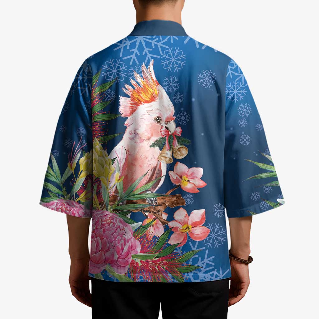 Australia Christmas Pink Cockatoo with Banksia Kimono Snowy Blue - Aussie Hoodie