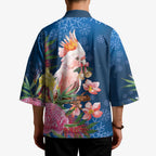Australia Christmas Pink Cockatoo with Banksia Kimono Snowy Blue - Aussie Hoodie