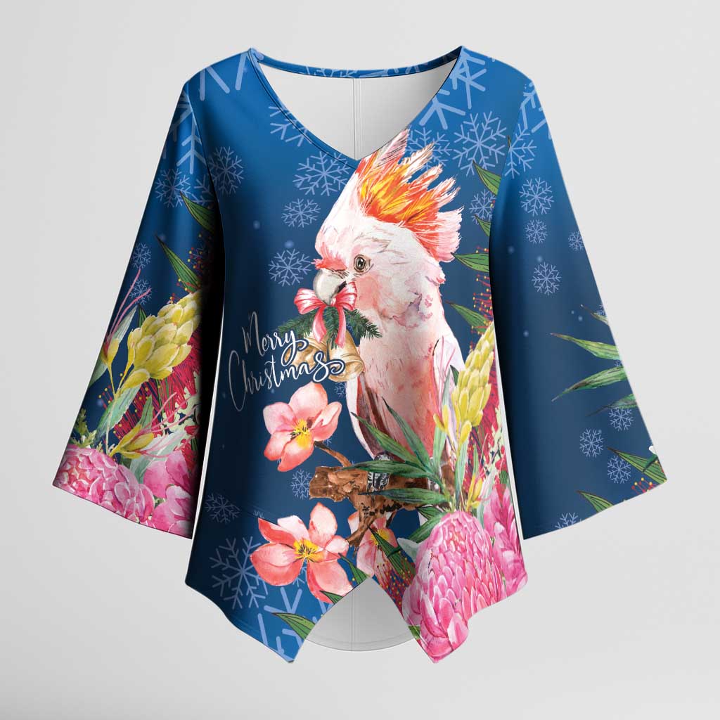 Australia Christmas Pink Cockatoo with Banksia Kimono Sleeve Blouse Snowy Blue - Aussie Hoodie