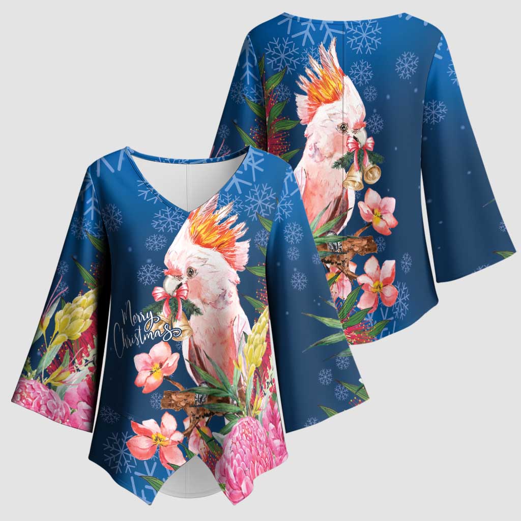 Australia Christmas Pink Cockatoo with Banksia Kimono Sleeve Blouse Snowy Blue - Aussie Hoodie