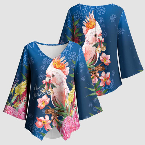 Australia Christmas Pink Cockatoo with Banksia Kimono Sleeve Blouse Snowy Blue - Aussie Hoodie