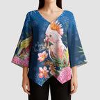 Australia Christmas Pink Cockatoo with Banksia Kimono Sleeve Blouse Snowy Blue - Aussie Hoodie