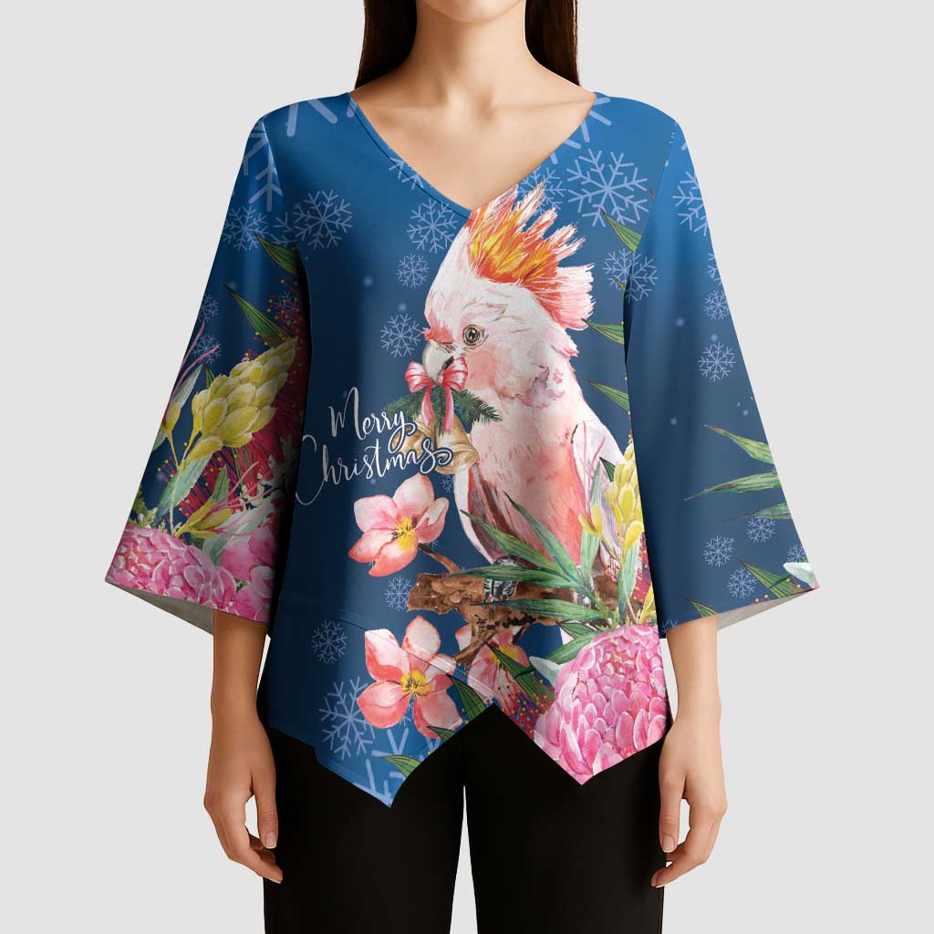 Australia Christmas Pink Cockatoo with Banksia Kimono Sleeve Blouse Snowy Blue - Aussie Hoodie