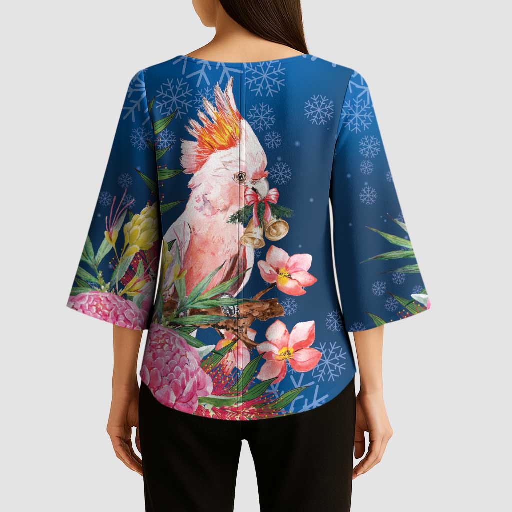 Australia Christmas Pink Cockatoo with Banksia Kimono Sleeve Blouse Snowy Blue - Aussie Hoodie