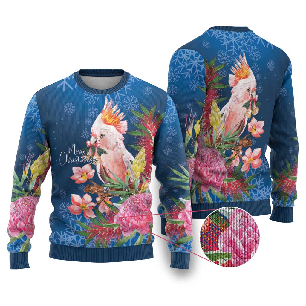 Australia Christmas Pink Cockatoo with Banksia Ugly Christmas Sweater Snowy Blue - Aussie Hoodie