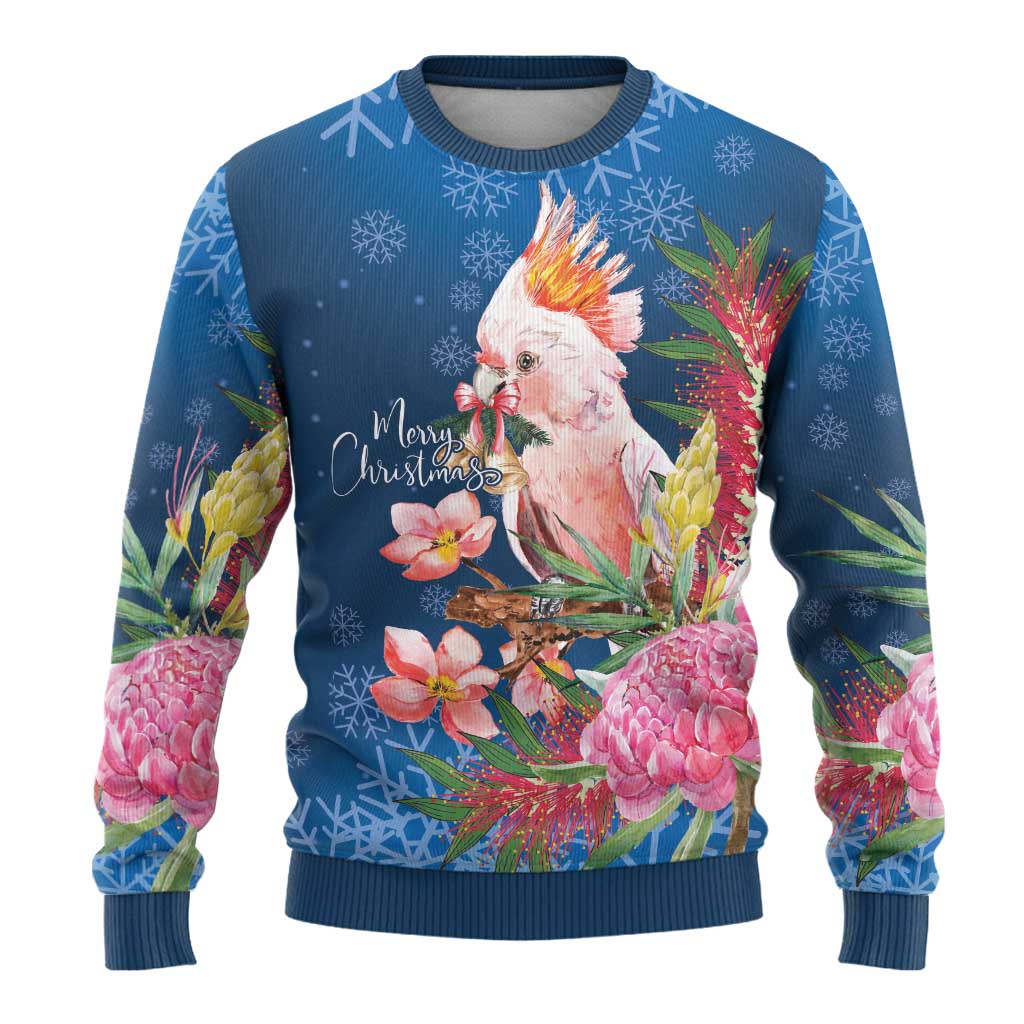 Australia Christmas Pink Cockatoo with Banksia Ugly Christmas Sweater Snowy Blue - Aussie Hoodie