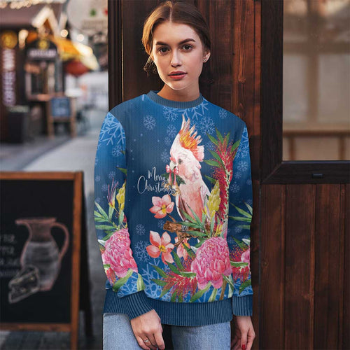 Australia Christmas Pink Cockatoo with Banksia Ugly Christmas Sweater Snowy Blue - Aussie Hoodie