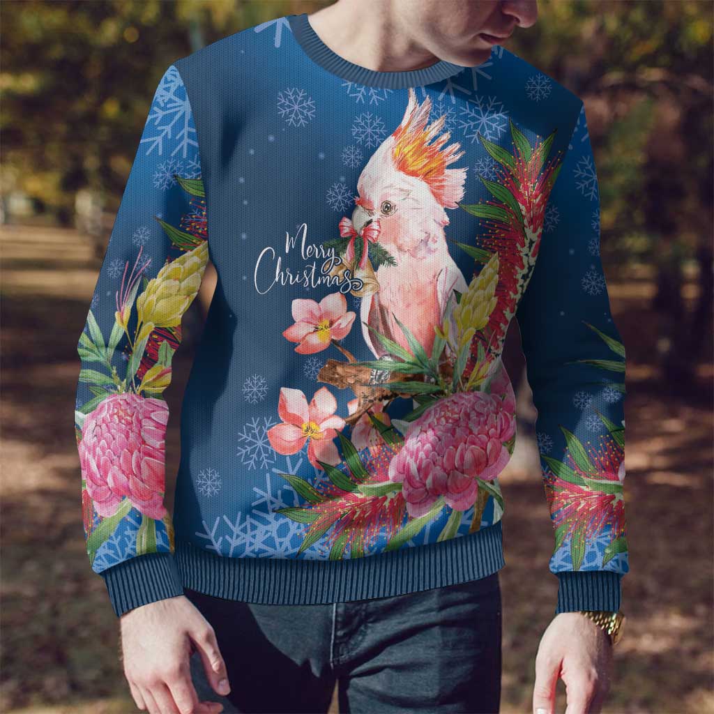 Australia Christmas Pink Cockatoo with Banksia Ugly Christmas Sweater Snowy Blue - Aussie Hoodie