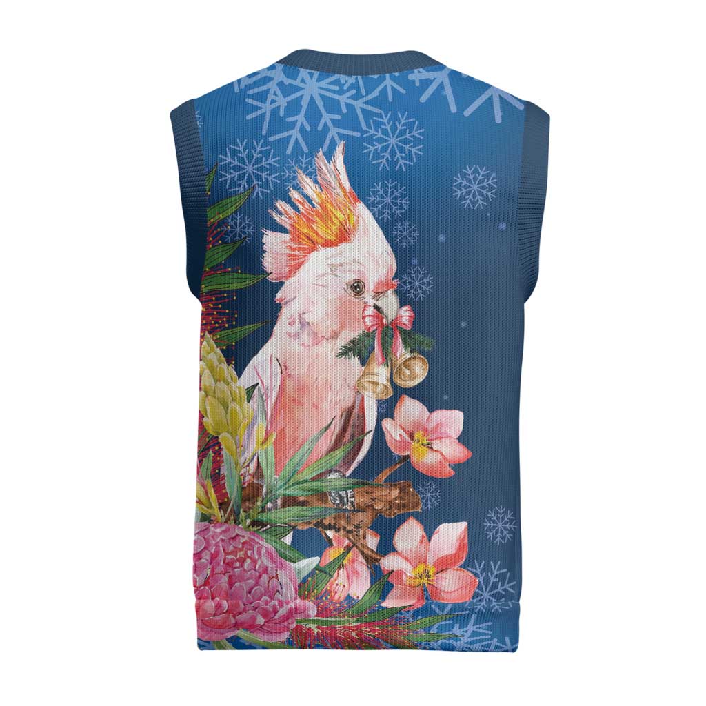 Australia Christmas Pink Cockatoo with Banksia Christmas Knitted V-Neck Vest Snowy Blue - Aussie Hoodie
