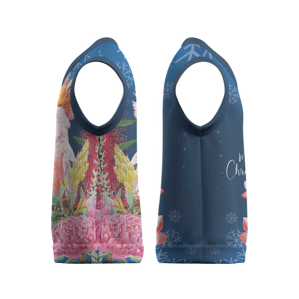 Australia Christmas Pink Cockatoo with Banksia Christmas Knitted V-Neck Vest Snowy Blue - Aussie Hoodie