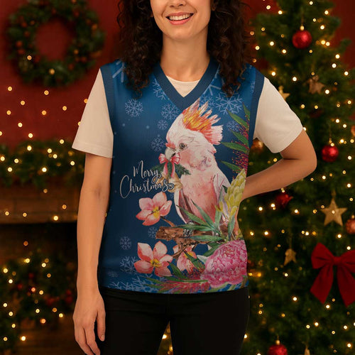 Australia Christmas Pink Cockatoo with Banksia Christmas Knitted V-Neck Vest Snowy Blue - Aussie Hoodie