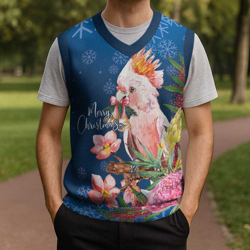 Australia Christmas Pink Cockatoo with Banksia Christmas Knitted V-Neck Vest Snowy Blue - Aussie Hoodie
