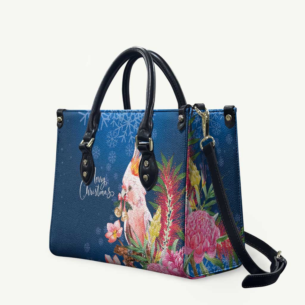 Australia Christmas Pink Cockatoo with Banksia Leather Bag Snowy Blue - Aussie Hoodie