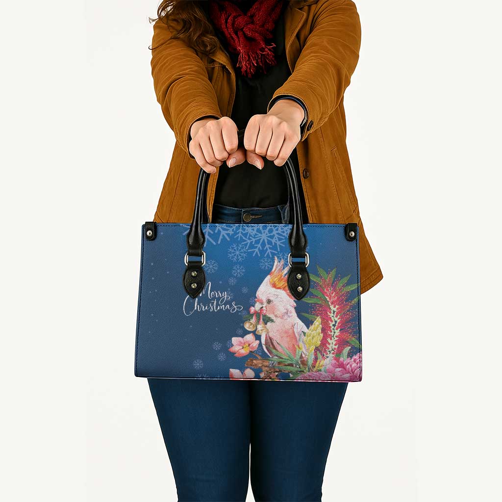 Australia Christmas Pink Cockatoo with Banksia Leather Bag Snowy Blue - Aussie Hoodie