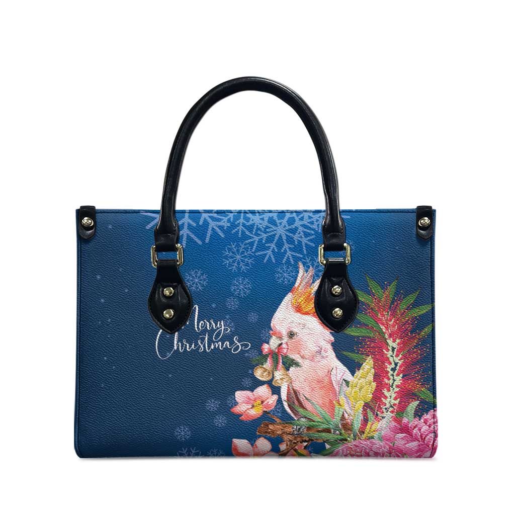 Australia Christmas Pink Cockatoo with Banksia Leather Bag Snowy Blue - Aussie Hoodie