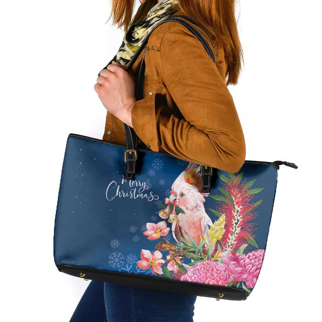 Australia Christmas Pink Cockatoo with Banksia Leather Tote Bag Snowy Blue - Aussie Hoodie