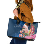 Australia Christmas Pink Cockatoo with Banksia Leather Tote Bag Snowy Blue - Aussie Hoodie