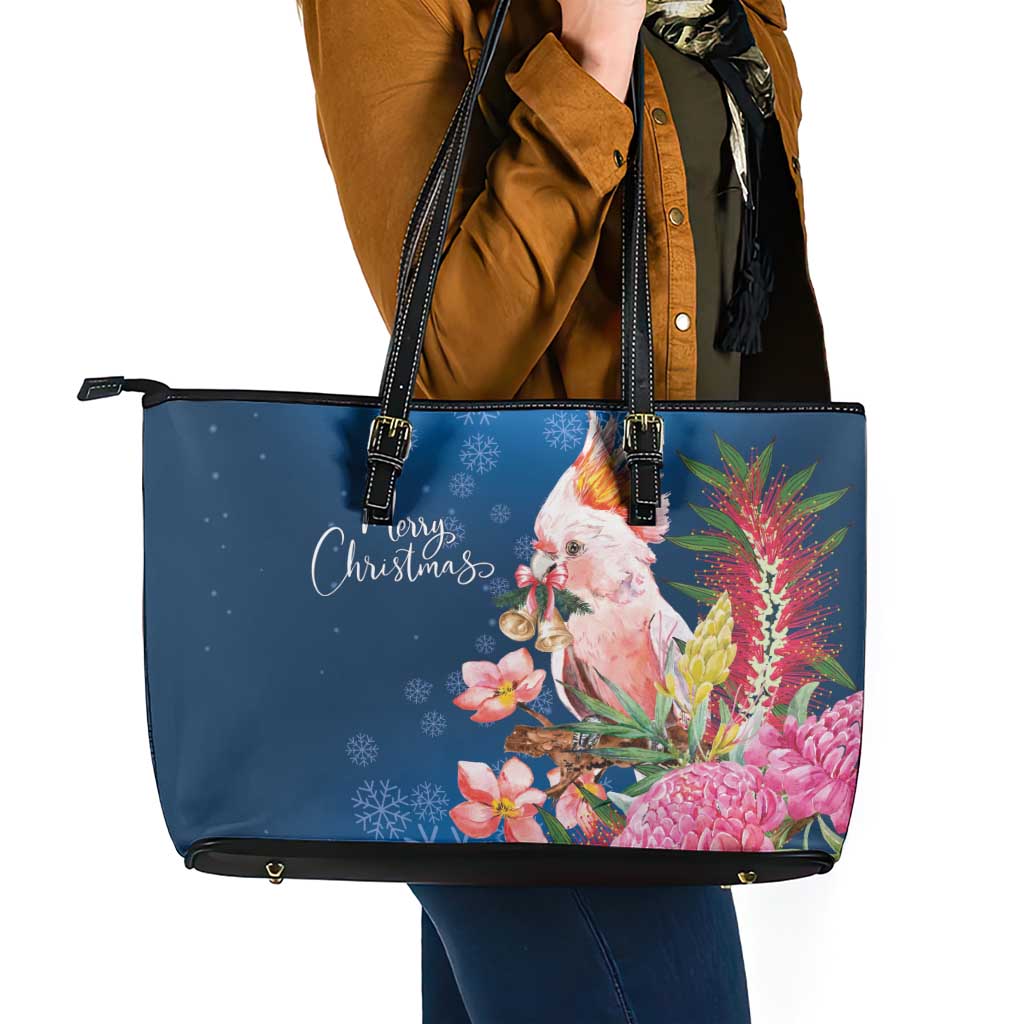 Australia Christmas Pink Cockatoo with Banksia Leather Tote Bag Snowy Blue - Aussie Hoodie