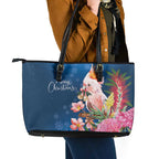 Australia Christmas Pink Cockatoo with Banksia Leather Tote Bag Snowy Blue - Aussie Hoodie
