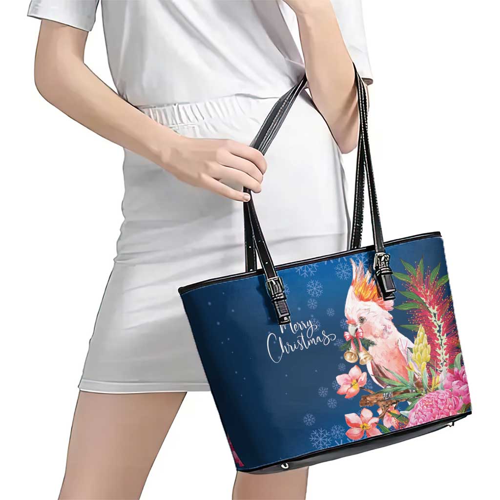 Australia Christmas Pink Cockatoo with Banksia Leather Tote Bag Snowy Blue - Aussie Hoodie