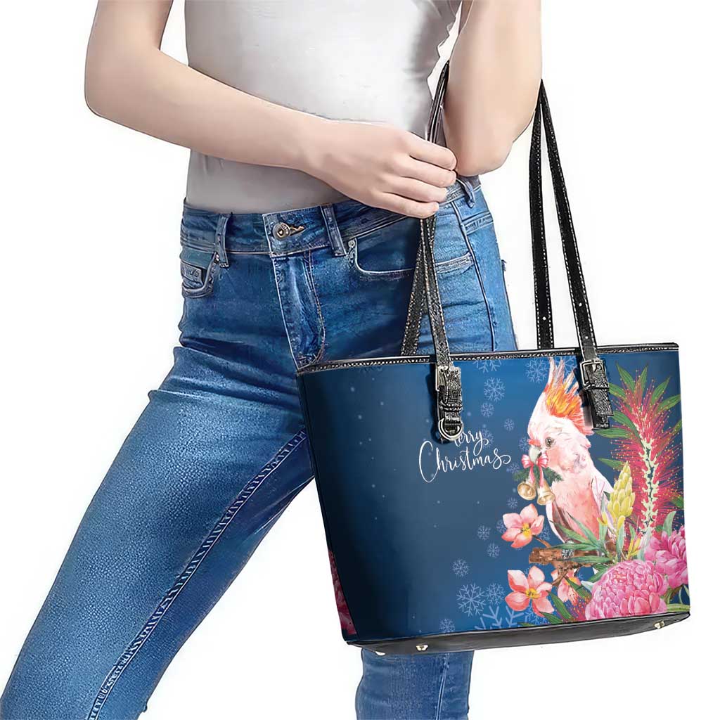 Australia Christmas Pink Cockatoo with Banksia Leather Tote Bag Snowy Blue - Aussie Hoodie