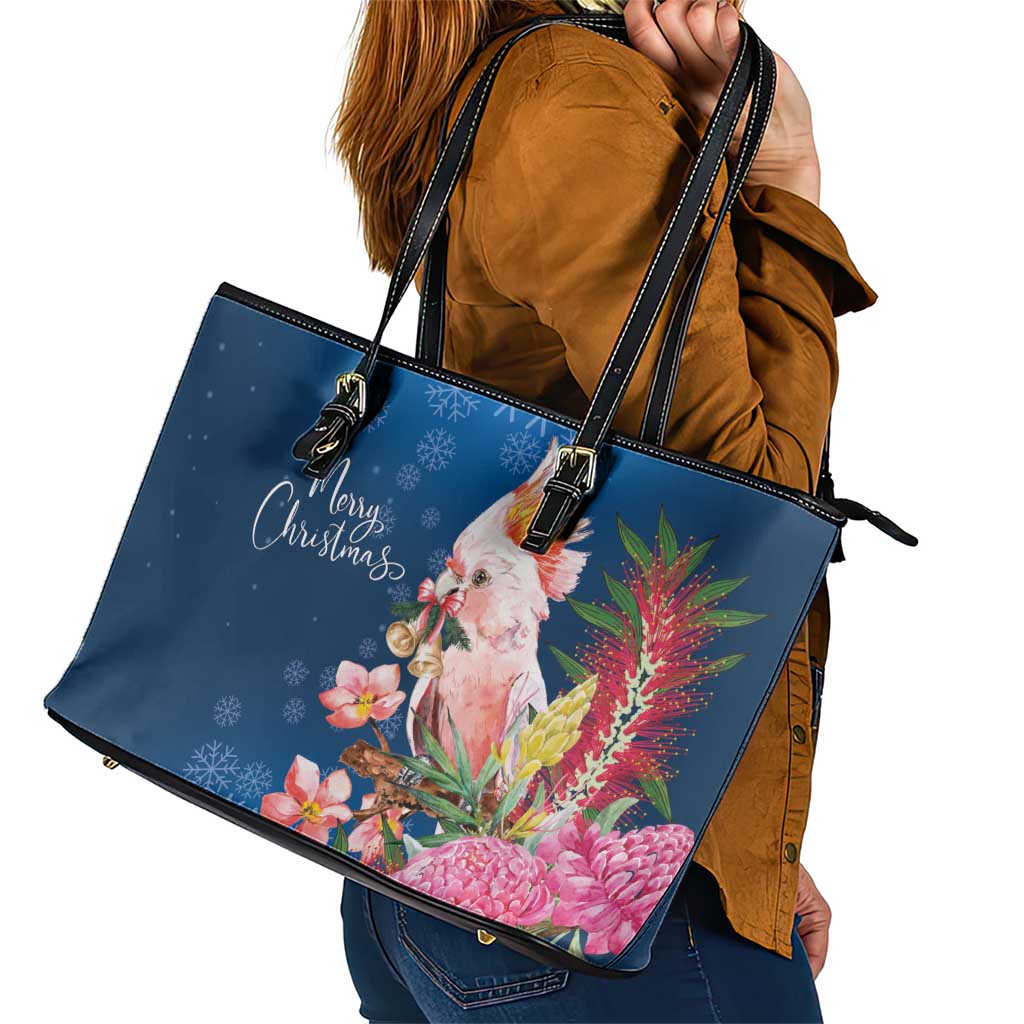 Australia Christmas Pink Cockatoo with Banksia Leather Tote Bag Snowy Blue - Aussie Hoodie