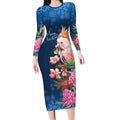 Australia Christmas Pink Cockatoo with Banksia Long Sleeve Bodycon Dress Snowy Blue - Aussie Hoodie