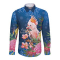 Australia Christmas Pink Cockatoo with Banksia Long Sleeve Button Shirt Snowy Blue - Aussie Hoodie