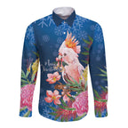 Australia Christmas Pink Cockatoo with Banksia Long Sleeve Button Shirt Snowy Blue - Aussie Hoodie