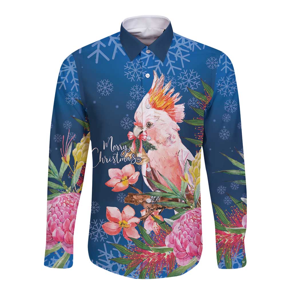 Australia Christmas Pink Cockatoo with Banksia Long Sleeve Button Shirt Snowy Blue - Aussie Hoodie