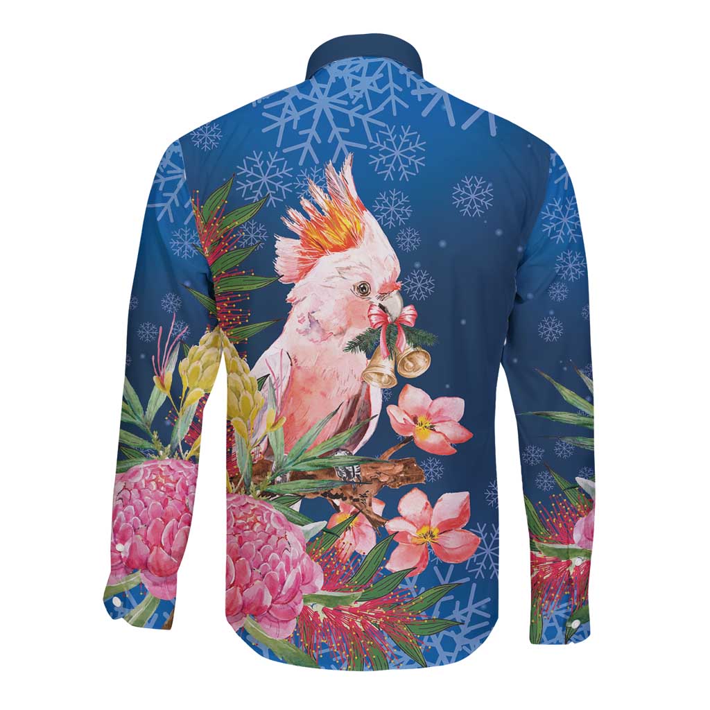 Australia Christmas Pink Cockatoo with Banksia Long Sleeve Button Shirt Snowy Blue - Aussie Hoodie