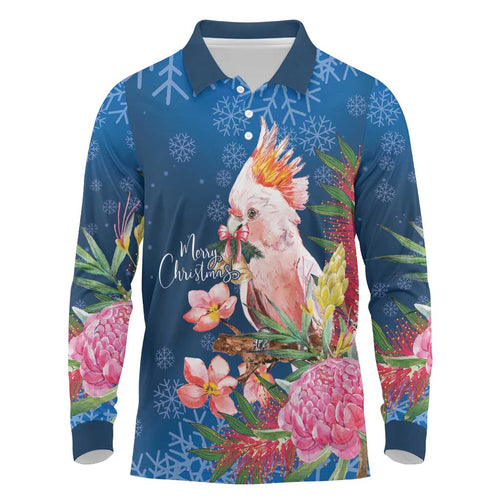 Australia Christmas Pink Cockatoo with Banksia Long Sleeve Polo Shirt Snowy Blue - Aussie Hoodie