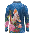 Australia Christmas Pink Cockatoo with Banksia Long Sleeve Polo Shirt Snowy Blue - Aussie Hoodie