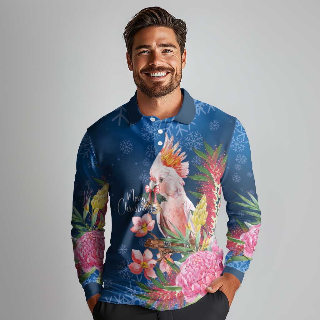 Australia Christmas Pink Cockatoo with Banksia Long Sleeve Polo Shirt Snowy Blue - Aussie Hoodie