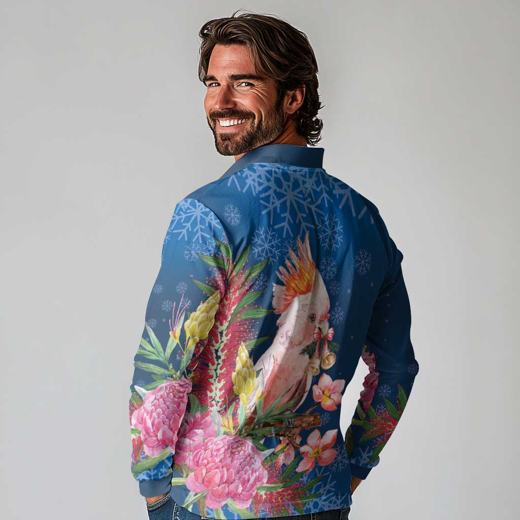 Australia Christmas Pink Cockatoo with Banksia Long Sleeve Polo Shirt Snowy Blue - Aussie Hoodie