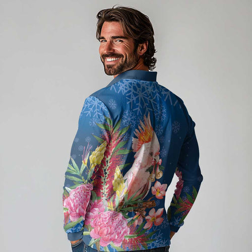 Australia Christmas Pink Cockatoo with Banksia Long Sleeve Polo Shirt Snowy Blue - Aussie Hoodie