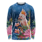 Australia Christmas Pink Cockatoo with Banksia Long Sleeve Shirt Snowy Blue - Aussie Hoodie